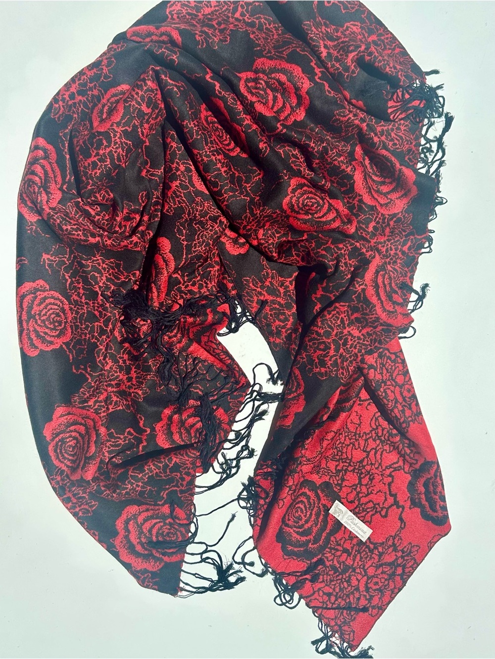 100% Cashmere Pashmina Red & Black Rose Pattern Fringe Shawl Wrap, 50” Square